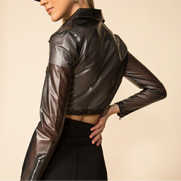Superdown Sheer Black Vinyl Cropped Moto Jacket PVC Transparent Unlined Sz Small - Picture 2 of 13